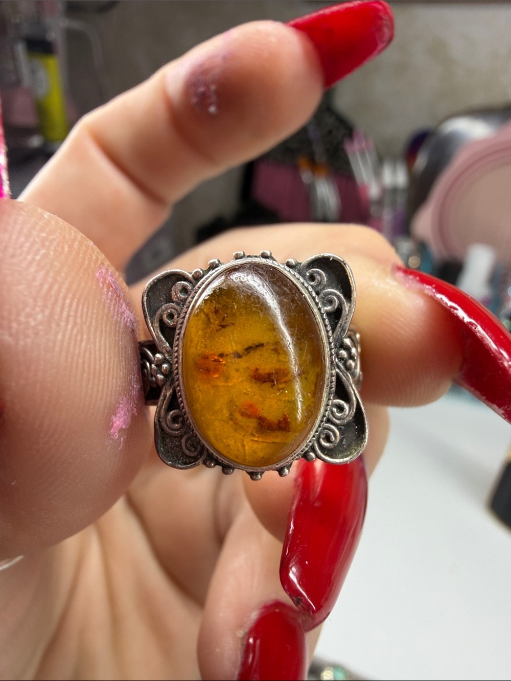 Hand Crafted Amber Cabochon Ring with Ornate Silver-Tone Setting
